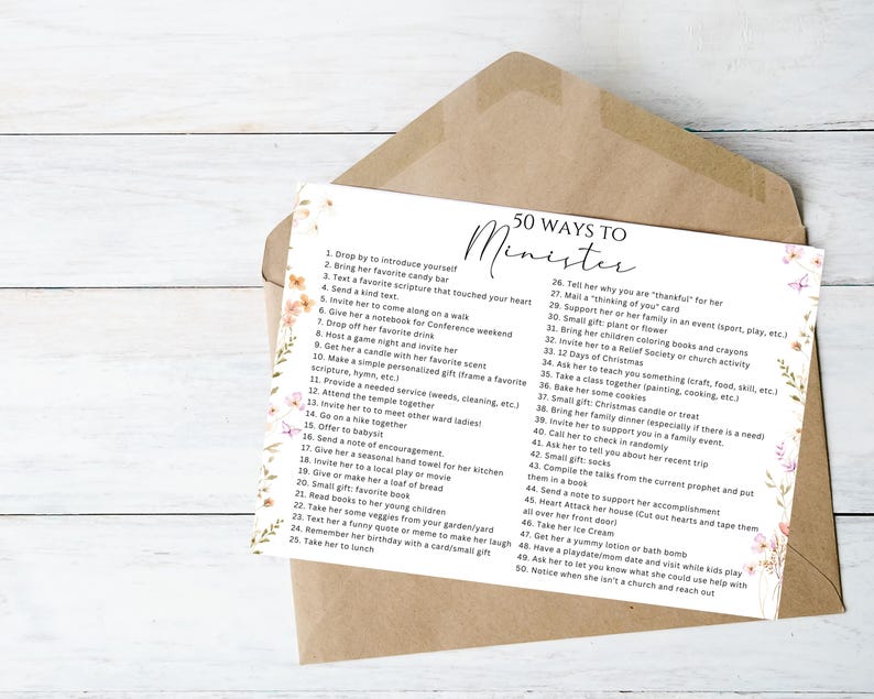 May include: A white card with floral accents and the text "50 Ways to Minister" is displayed inside a brown envelope. The card lists 50 ideas for acts of service, such as bringing a gift or offering help.