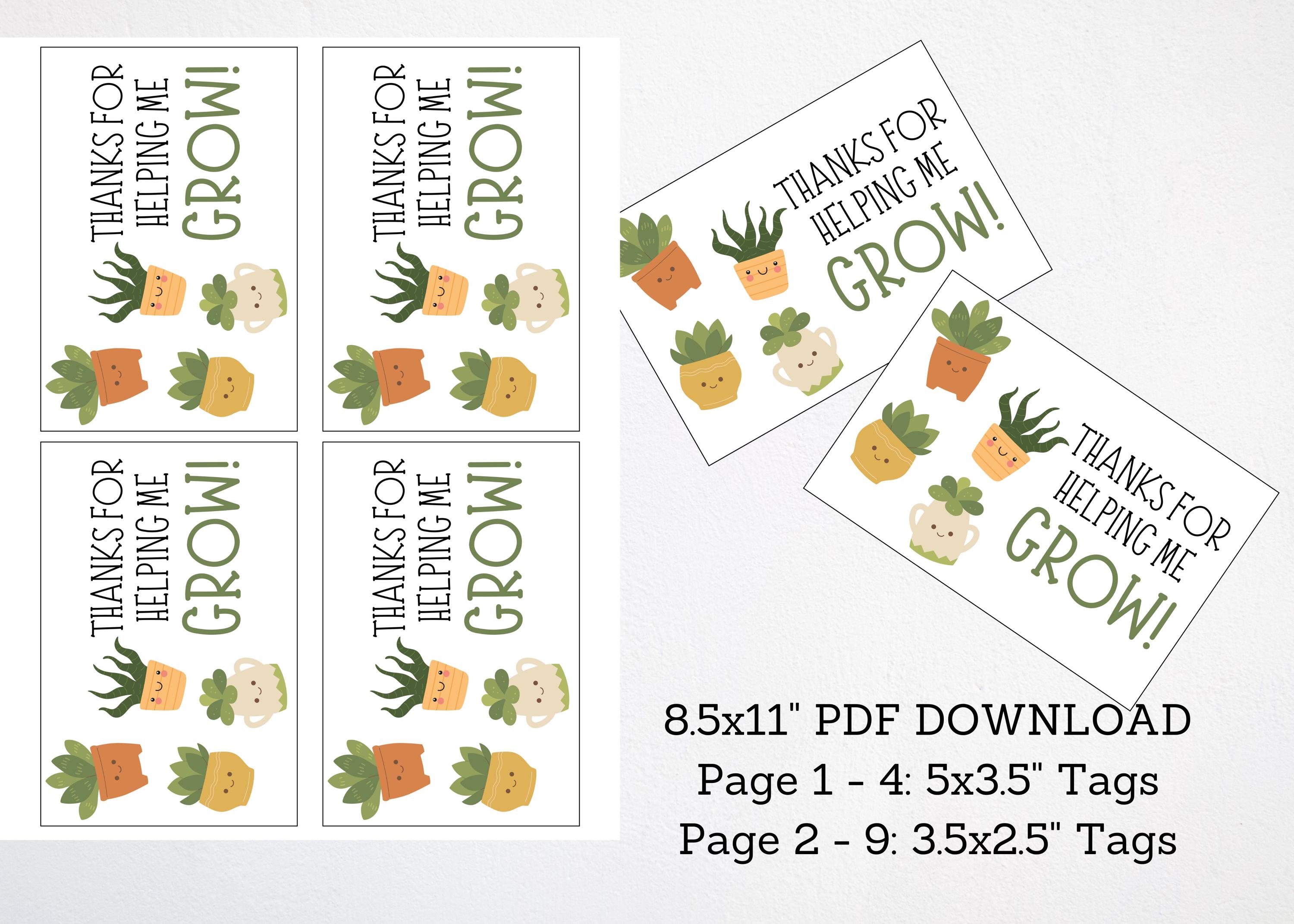 Teacher Gift, Printable Succulent Tags - "Thank You for Helping Me Grow" - Heartfelt Gifts for Educators, Appreciation Gift