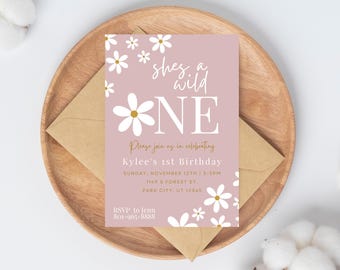 She's a wild ONE Invitation, Editable Wild One 1st birthday, Retro Daisy First Birthday Party Invitations, Printable Instant Download