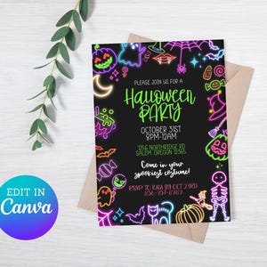 May include: Neon green and pink Halloween party invitation with a black background. The invitation features a neon green text that says "Please join us for a Halloween Party". The invitation also includes a date and time for the party, an address, and an RSVP request.