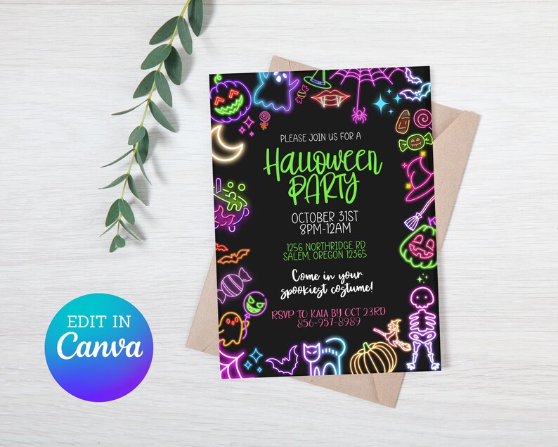 May include: Neon green and pink Halloween party invitation with a black background. The invitation features a neon green text that says "Please join us for a Halloween Party". The invitation also includes a date and time for the party, an address, and an RSVP request.