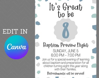 LDS Primary - It's Great to be 8 Invitation, LDS Printable, Baptism Preview, Baptism Invite - EDIT in Canva