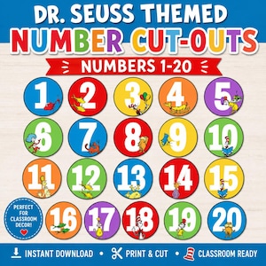 Peut inclure: Des découpes de chiffres colorées sur le thème du Dr. Seuss, avec les chiffres de 1 à 20 dans un design circulaire. Chaque chiffre est d'une couleur différente et comprend une illustration du personnage du Dr. Seuss. Le texte "Perfect for Classroom Decor!" est également inclus.