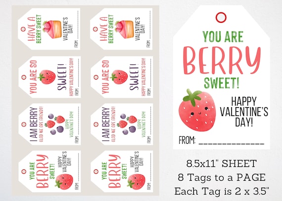 Berry Themed Valentines Card, Fruit Snack Valentine's Day Printable,  Berry Happy You're My Friend, You are the Berry best, School Valentine