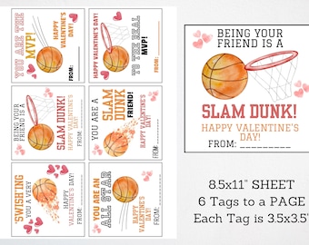Basketball Valentine Tags, Kids Valentine Cards, Basketball Valentine Cards, Printable School Valentine