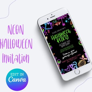 May include: A neon green and pink Halloween party invitation on a smartphone screen. The invitation features a black background with neon green and pink text that reads "Please join us for a Halloween Party" and includes the date, time, and location. The invitation also features a variety of neon green and pink Halloween icons, such as ghosts, bats, pumpkins, and spiders.