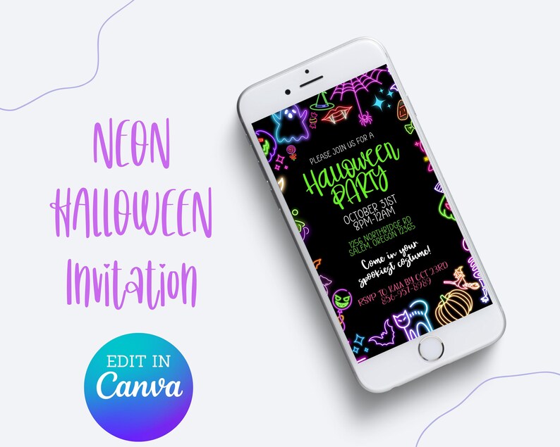 May include: A neon green and pink Halloween party invitation on a smartphone screen. The invitation features a black background with neon green and pink text that reads "Please join us for a Halloween Party" and includes the date, time, and location. The invitation also features a variety of neon green and pink Halloween icons, such as ghosts, bats, pumpkins, and spiders.