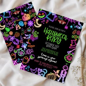 May include: Neon-colored Halloween party invitation with a black background. The invitation features a variety of neon-colored Halloween icons, including ghosts, bats, pumpkins, candy, and a witch's hat. The text on the invitation reads "Please join us for a Halloween Party, October 31st, 8pm-12am, 1256 Northridge Rd, Salem, Oregon 12365, Come in your spookiest costume! RSVP to Kala by Oct 23rd, 856-951-8989."