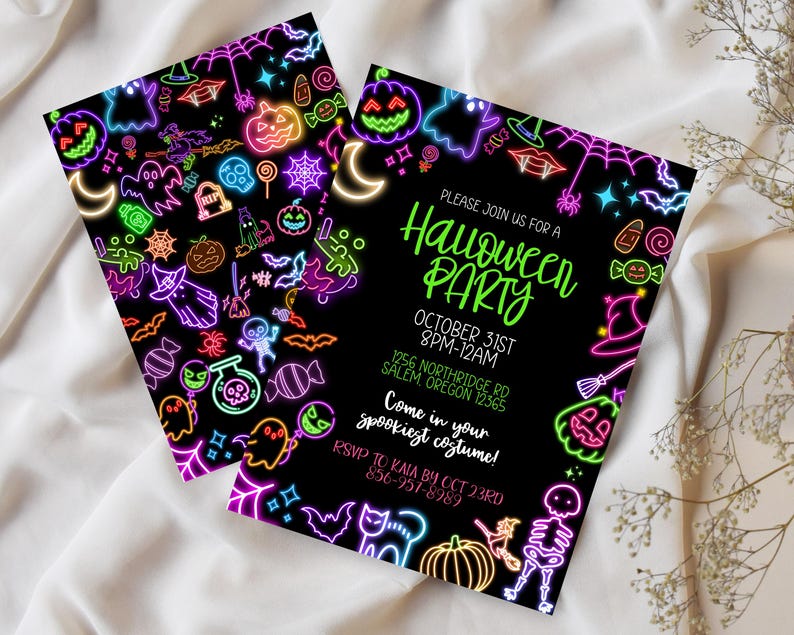 May include: Neon-colored Halloween party invitation with a black background. The invitation features a variety of neon-colored Halloween icons, including ghosts, bats, pumpkins, candy, and a witch's hat. The text on the invitation reads "Please join us for a Halloween Party, October 31st, 8pm-12am, 1256 Northridge Rd, Salem, Oregon 12365, Come in your spookiest costume! RSVP to Kala by Oct 23rd, 856-951-8989."