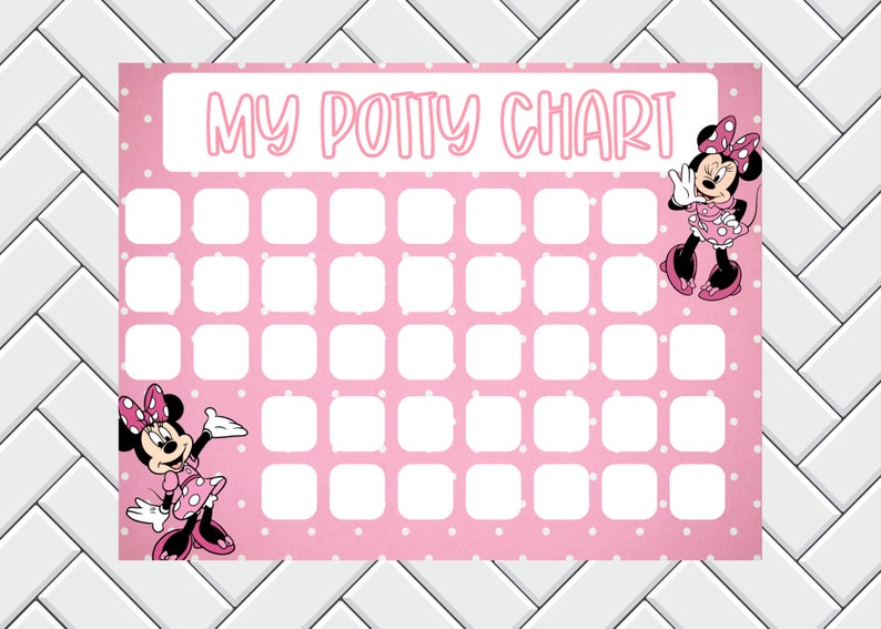 May include: Pink potty training chart with white polka dots and the text "MY POTTY CHART" in pink. Minnie Mouse characters are featured on the chart. The chart has multiple blank squares for tracking progress.