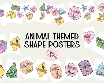 Learn your shapes, Classroom poster digital download, Safari animal shape posters with 14 shapes, educational jungle animals for classroom