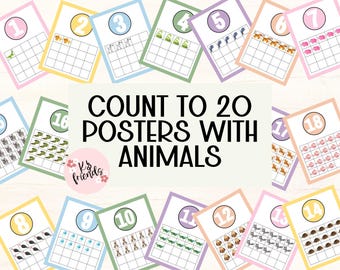 Classroom Counting, Learn to Count, animal themed prints, Classroom Posters, Watercolor animal Posters, COUNT TO 20