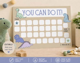Dinosaur Reward Chart Printable, Kids Behavior Sticker Chart, Potty Training Chart Toddler Boys, Editable Canva Chore Chart, dinosaur chart