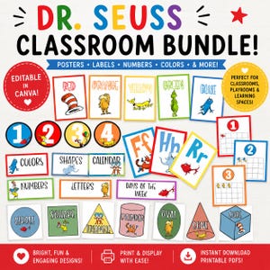 Dr Seuss Classroom Bundle, Dr Seuss Alphabet Posters, Learn to Count,  Dr Seuss Shapes, Cat in the Hat décor, Seuss Classroom Signs