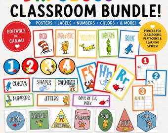 Dr Seuss Classroom Bundle, Dr Seuss Alphabet Posters, Learn to Count,  Dr Seuss Shapes, Cat in the Hat décor, Seuss Classroom Signs