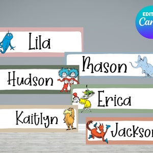 Dr Seuss Name Tags | Dr. Seuss Inspired Nametag Template | Editable Canva Design | Instant Download | Pastel Classroom