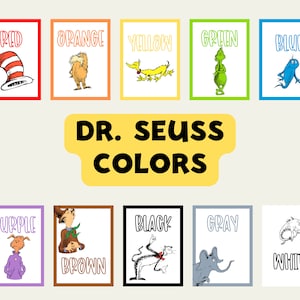 Dr Seuss Classroom COLORS| Learn your colors| Dr. Seuss themed color prints | Classroom Posters | Cat in the Hat Posters