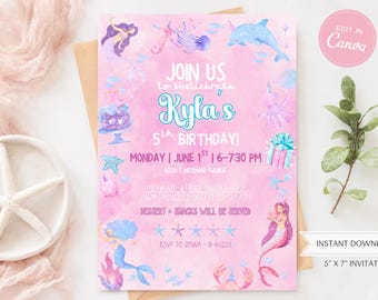 Mermaid Birthday Invitation Template, Editable Canva Invite, Under the Sea Party, Girl Birthday, 5x7 Digital Download, Printable