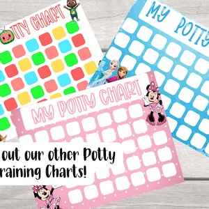 May include: Three colorful potty training charts with cartoon characters. One chart has a Cocomelon theme, another features Frozen characters, and the third showcases Minnie Mouse. The charts have squares for tracking progress and the text "MY POTTY CHART".