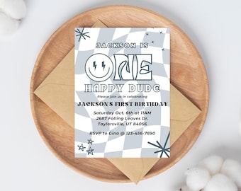 One Happy Dude Birthday Invitation Editable Canva | Retro Boy First Birthday Party Invite 5x7