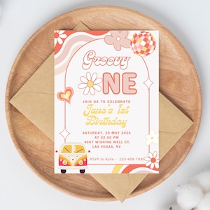 Editable Groovy ONE Invitation, One Groovy Babe, Pink Peach Van 1st Birthday, Hippie Party Invitation Template