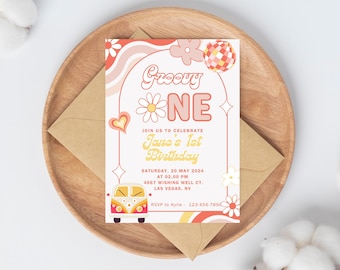 Editable Groovy ONE Invitation, One Groovy Babe, Pink Peach Van 1st Birthday, Hippie Party Invitation Template