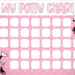 May include: Pink potty chart with white polka dots and the text "MY POTTY CHART" in pink. Minnie Mouse characters are featured on the chart, which has multiple blank squares for tracking progress.