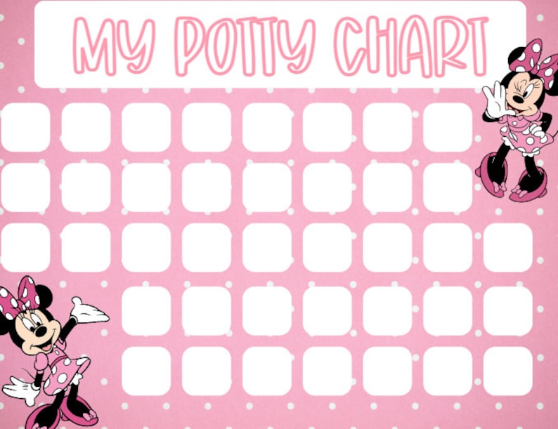 May include: Pink potty chart with white polka dots and the text "MY POTTY CHART" in pink. Minnie Mouse characters are featured on the chart, which has multiple blank squares for tracking progress.