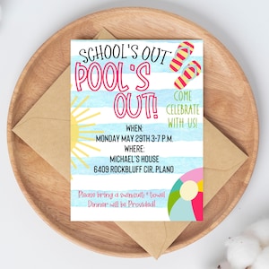HELLO Summer!- End of school Party - School&#39;s Out pools out pool party invitation - Editable Invitation Download Printable Canva Template