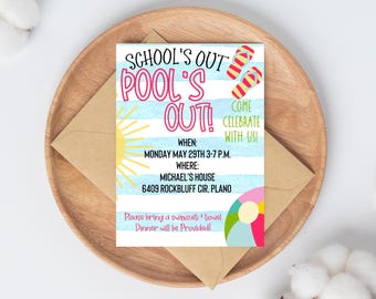 HELLO Summer!- End of school Party - School&#39;s Out pools out pool party invitation - Editable Invitation Download Printable Canva Template