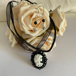 Black Gothic Cameo Necklace Ear Wear Set (Ships Worldwide) Please Read The Description