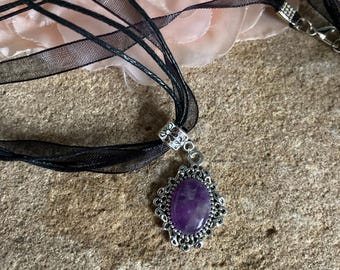 Handmade Amethyst Necklace: Natural Stone, Antique Silver Setting