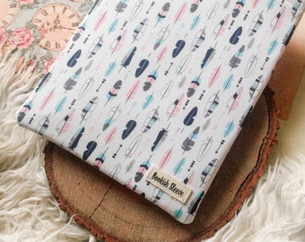 Pastel Feathers Booksleeve ~ Book Pouch ~ Book Pocket ~ Padded Book Cover - iPad Kindle Sleeve - Book Cozy