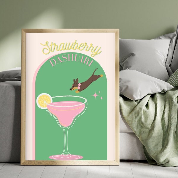 Strawberry Dashuiri Wall Print Cocktail Daschund Girly Sausage Dog Pink Green Print Home Bar Poster / High Quality DIGITAL DOWNLOAD