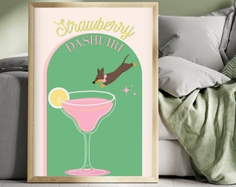 Strawberry Dashuiri Wall Print Cocktail Daschund Girly Sausage Dog Pink Green Print Home Bar Poster / High Quality DIGITAL DOWNLOAD