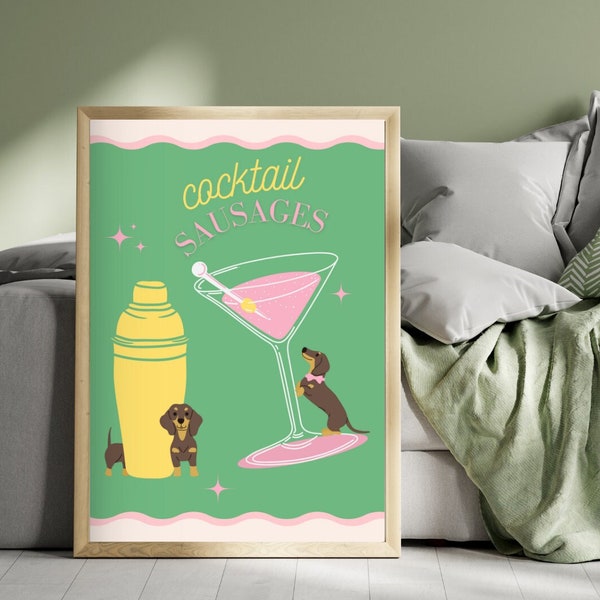 Dachshund Cocktail Poster Funny 'Cocktail Sausages' Green Pink Print Sausage Dog Wall Art Cute Bedroom Home Bar Print / DIGITAL DOWNLOAD