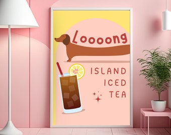 Dachshund Long Island Iced Tea Cocktail Print / Girly Alchohol Print / Yellow Pink Sausage Dog Wall Art / Funny Sausage Dog Lover Poster