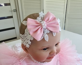 fancy headband with bow for little girls, Pink and White Lace Headband for Baby, Flower Design