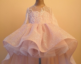 A sparkling flower girl dress with an embroidered bodice and train. Puffy Powder-colored Princess Dress, 18-month-old Dress