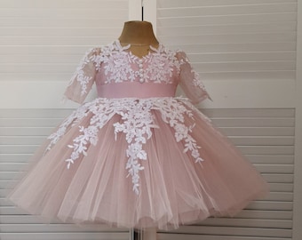 Blush pink lace tulle flower girl dress for special occasion bridesmaid party wedding pageant birthday photoshoot Christmas