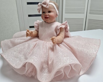 Pink Sequined Baby Dress,Pink Flower Girl Dress,Princess Dress in Sequins,Evening Dress For Baby
