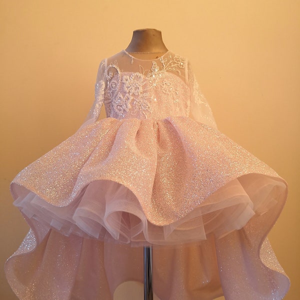 A sparkling flower girl dress with an embroidered bodice and train. Puffy Powder-colored Princess Dress, 18-month-old Dress