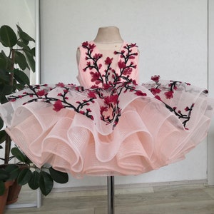 Peach Tutu Dress with 3d Flowers for Baby Girl, Lush Knee-Length Flower Girl Dress, 1st Birthday Dress, Dress 12-18 Months