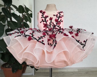 Floral Birthday Girl Dress, Tulle Flower Girl Dress, Tutu Knee Baby Dress, First Birthday Outfit, Special Occasion Dress, Prom Dress