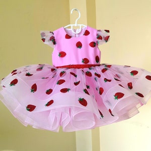 Erdbeer Babykleid, Rosa Blumenmädchen Kleid in Erdbeeren, Flauschiges Kleid für 1 Jahr, Rosa Babykleid