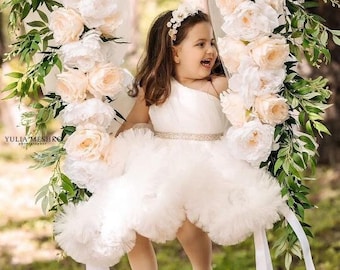 White Baby Dress with Train, Lush Princess Dress, Lush Flower Girl Dress, train baby dress,puffy baby dress,holiday baby dress