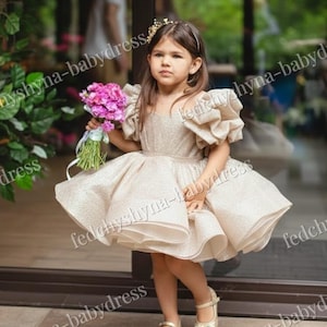 Golden Glitter Flower Girl Dress, Puff Sleeves, Rhinestone Bow