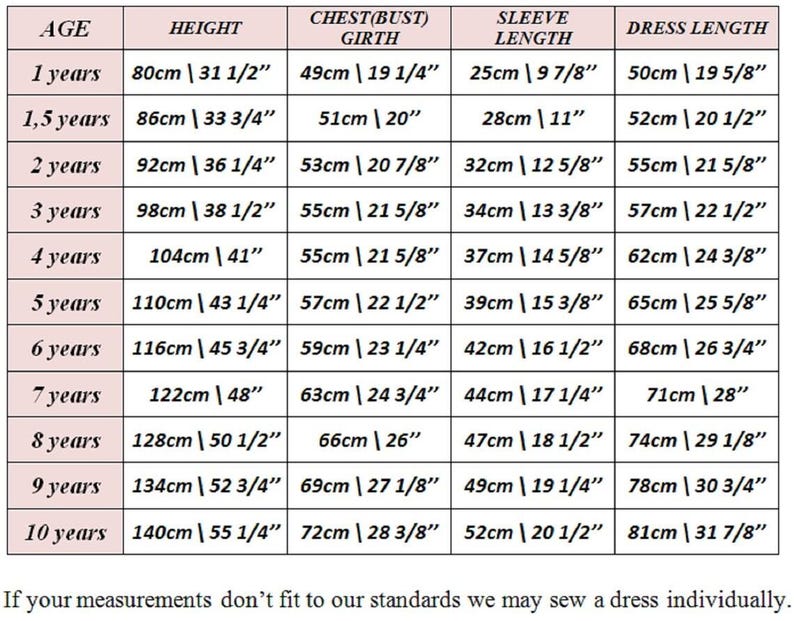 May include: A size chart for children's dresses, detailing age, height in cm and inches, chest girth in cm and inches, sleeve length in cm and inches, and dress length in cm and inches. The chart ranges from 1 to 10 years.