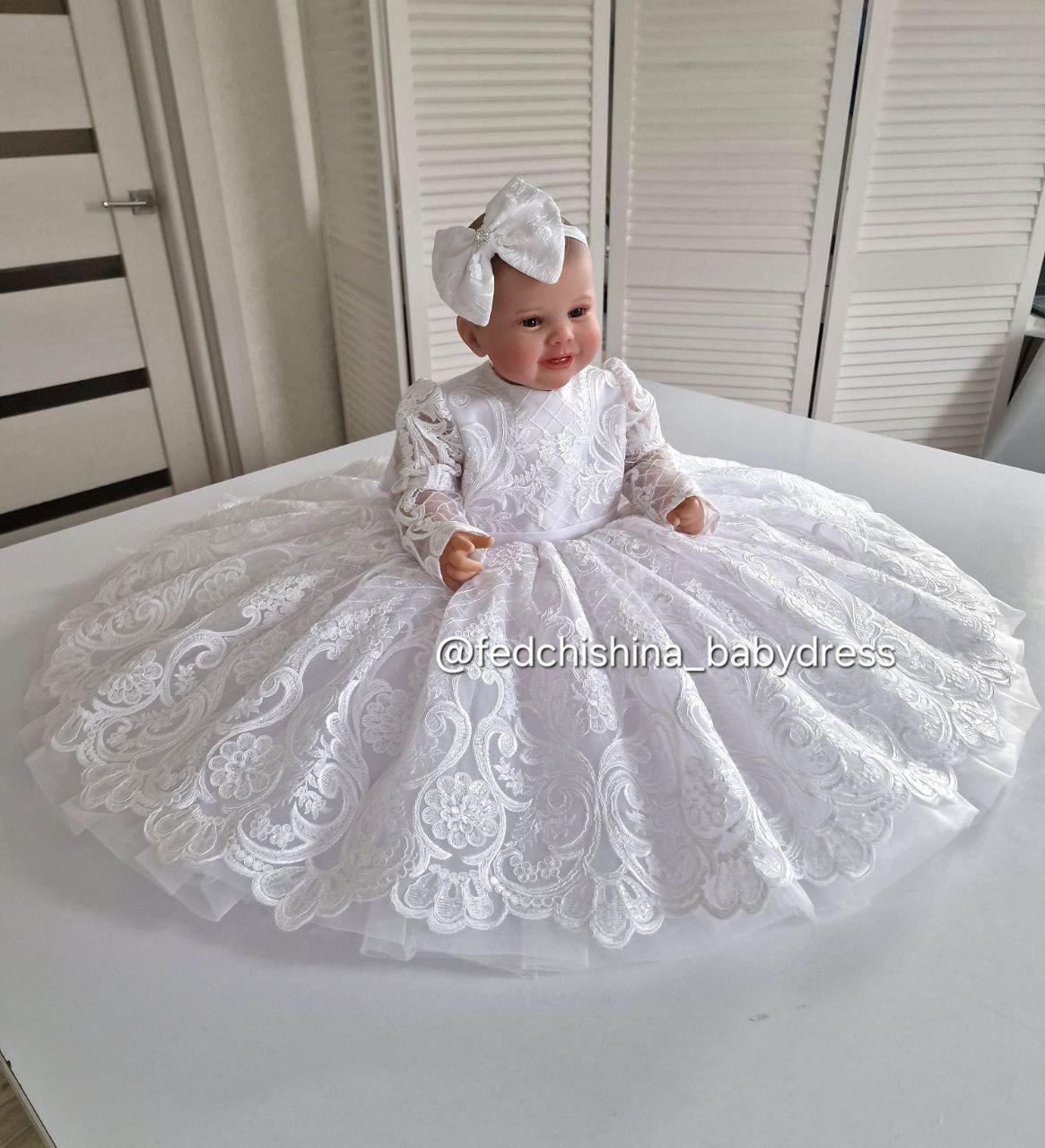 White Lace Sequined Baptismal Dress Floor Length for Baby Girls