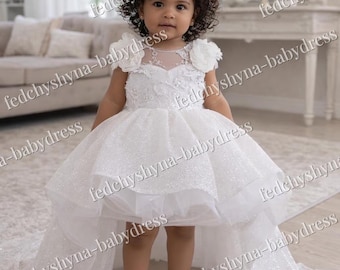 White Sequin Baby Dress, Handmade Flower Girl Dress with Train